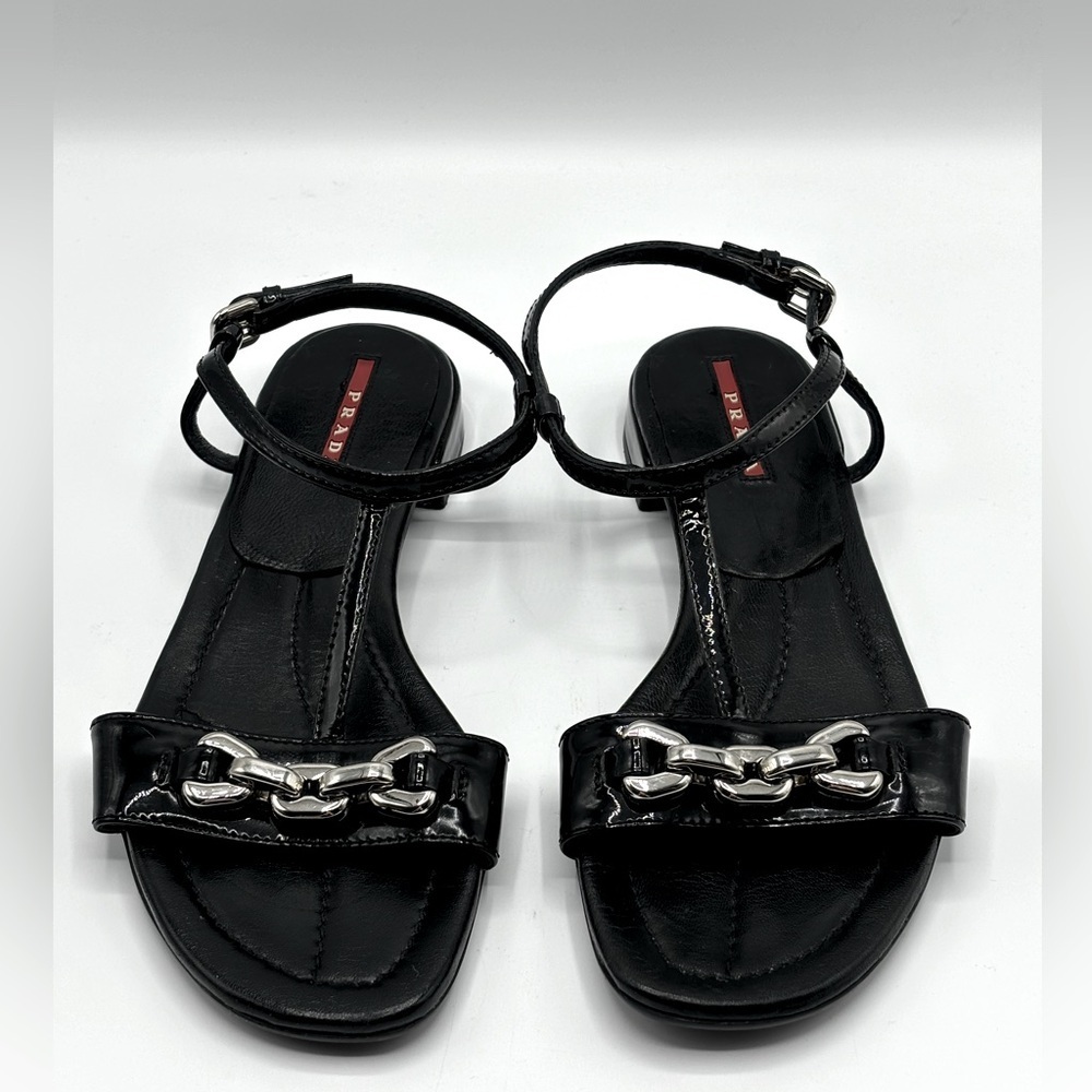 PRADA‎ Black Patent Leather Sandals with Silver Block Chain Detail - Picture 5 of 10